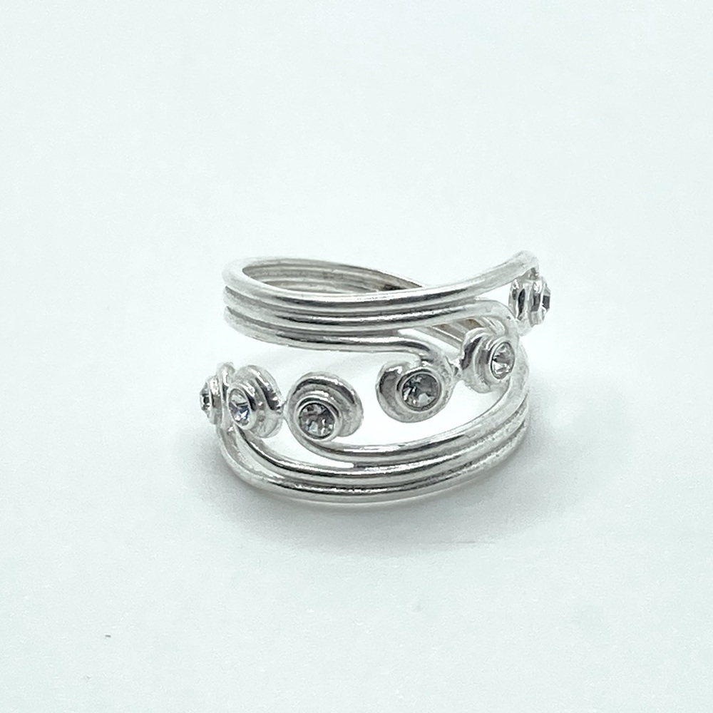 Vtg Sterling Silver Wave Design Bypass Ring 6 CZ Stones Sz 4.25 Adjustable